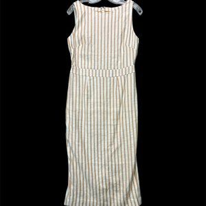 Boden Womens Maggie Sheath Linen Dress Midi UK 10R US 6R White Tan Striped